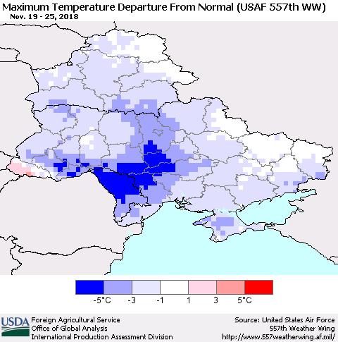 Ukraine, Moldova and Belarus Maximum Temperature Departure From Normal (USAF 557th WW) Thematic Map For 11/19/2018 - 11/25/2018