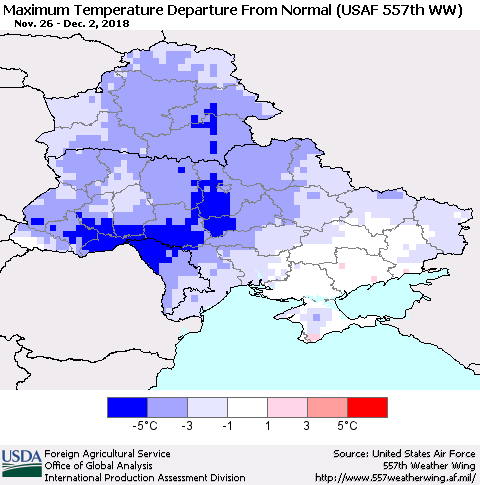 Ukraine, Moldova and Belarus Maximum Temperature Departure From Normal (USAF 557th WW) Thematic Map For 11/26/2018 - 12/2/2018