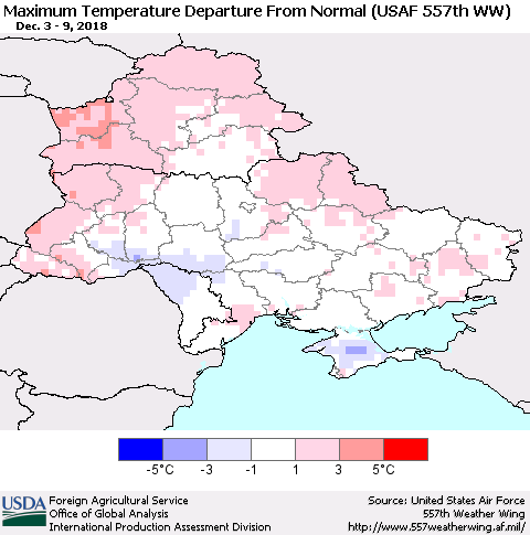 Ukraine, Moldova and Belarus Maximum Temperature Departure From Normal (USAF 557th WW) Thematic Map For 12/3/2018 - 12/9/2018