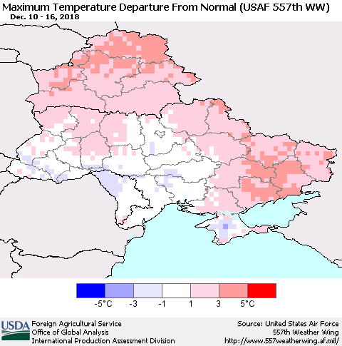 Ukraine, Moldova and Belarus Mean Maximum Temperature Departure from Normal (USAF 557th WW) Thematic Map For 12/10/2018 - 12/16/2018