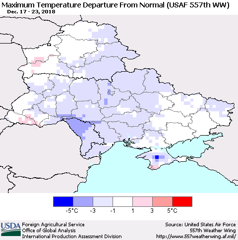 Ukraine, Moldova and Belarus Maximum Temperature Departure From Normal (USAF 557th WW) Thematic Map For 12/17/2018 - 12/23/2018
