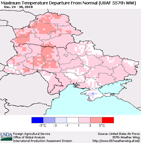 Ukraine, Moldova and Belarus Mean Maximum Temperature Departure from Normal (USAF 557th WW) Thematic Map For 12/24/2018 - 12/30/2018