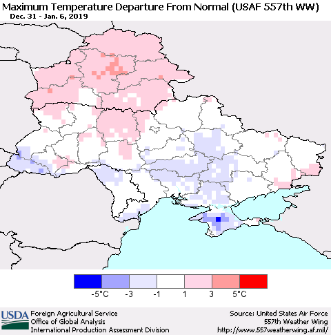 Ukraine, Moldova and Belarus Maximum Temperature Departure From Normal (USAF 557th WW) Thematic Map For 12/31/2018 - 1/6/2019