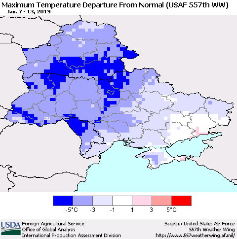 Ukraine, Moldova and Belarus Maximum Temperature Departure From Normal (USAF 557th WW) Thematic Map For 1/7/2019 - 1/13/2019