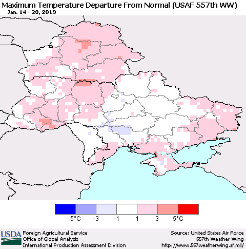 Ukraine, Moldova and Belarus Maximum Temperature Departure From Normal (USAF 557th WW) Thematic Map For 1/14/2019 - 1/20/2019