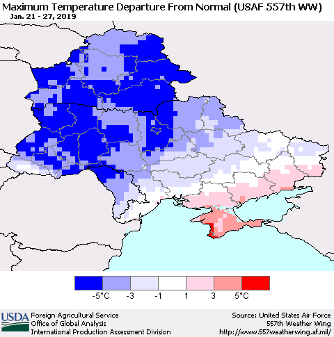 Ukraine, Moldova and Belarus Mean Maximum Temperature Departure from Normal (USAF 557th WW) Thematic Map For 1/21/2019 - 1/27/2019