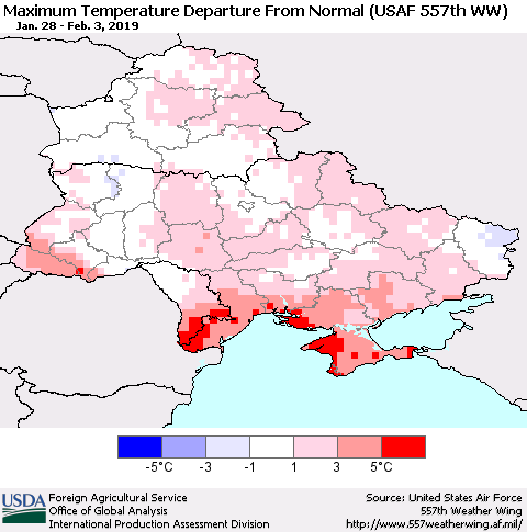 Ukraine, Moldova and Belarus Maximum Temperature Departure From Normal (USAF 557th WW) Thematic Map For 1/28/2019 - 2/3/2019