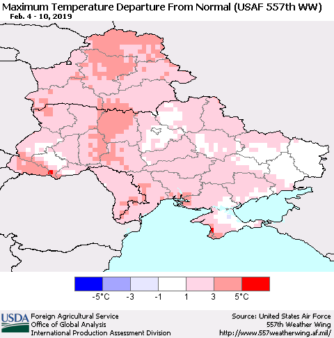 Ukraine, Moldova and Belarus Mean Maximum Temperature Departure from Normal (USAF 557th WW) Thematic Map For 2/4/2019 - 2/10/2019