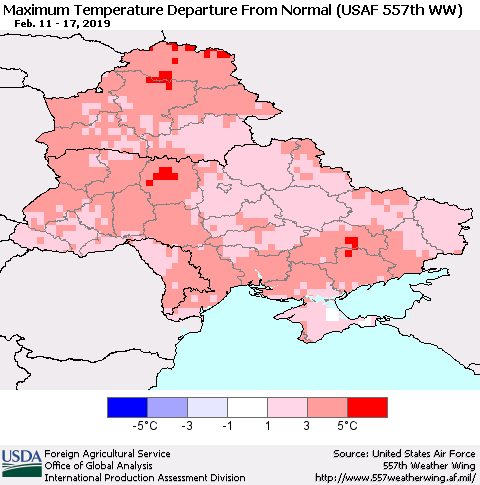 Ukraine, Moldova and Belarus Maximum Temperature Departure From Normal (USAF 557th WW) Thematic Map For 2/11/2019 - 2/17/2019