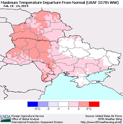 Ukraine, Moldova and Belarus Mean Maximum Temperature Departure from Normal (USAF 557th WW) Thematic Map For 2/18/2019 - 2/24/2019