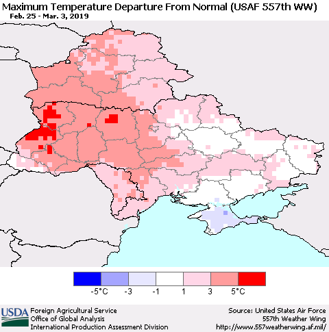 Ukraine, Moldova and Belarus Maximum Temperature Departure From Normal (USAF 557th WW) Thematic Map For 2/25/2019 - 3/3/2019