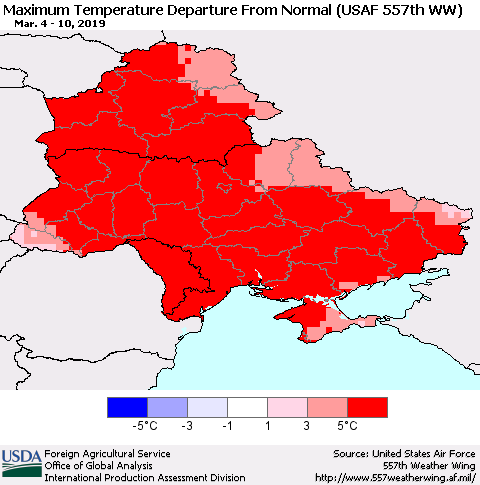 Ukraine, Moldova and Belarus Maximum Temperature Departure From Normal (USAF 557th WW) Thematic Map For 3/4/2019 - 3/10/2019