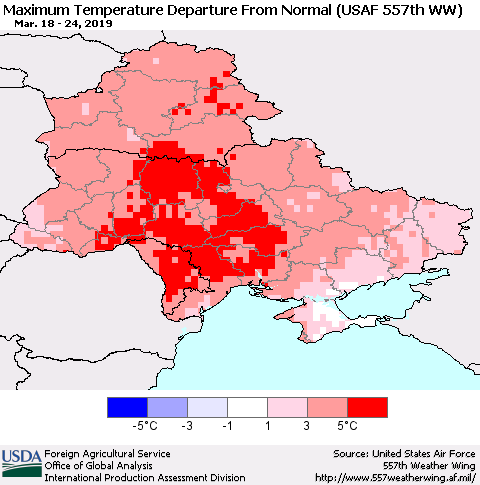 Ukraine, Moldova and Belarus Maximum Temperature Departure From Normal (USAF 557th WW) Thematic Map For 3/18/2019 - 3/24/2019