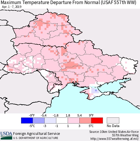Ukraine, Moldova and Belarus Maximum Temperature Departure From Normal (USAF 557th WW) Thematic Map For 4/1/2019 - 4/7/2019