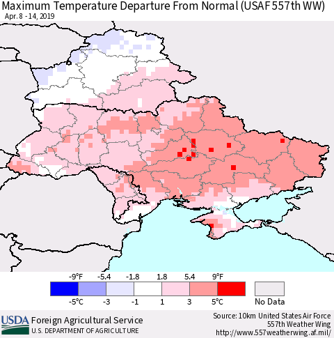 Ukraine, Moldova and Belarus Maximum Temperature Departure From Normal (USAF 557th WW) Thematic Map For 4/8/2019 - 4/14/2019