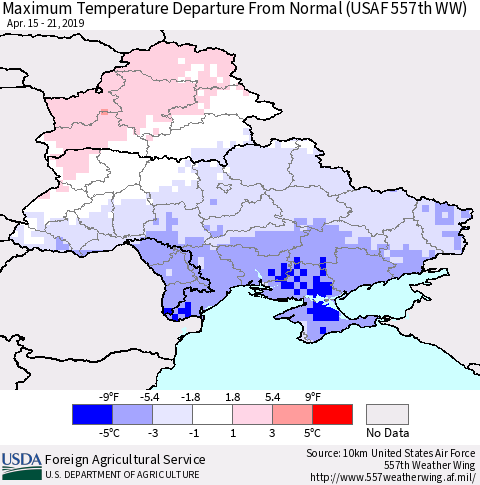 Ukraine, Moldova and Belarus Maximum Temperature Departure From Normal (USAF 557th WW) Thematic Map For 4/15/2019 - 4/21/2019