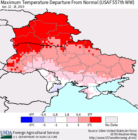 Ukraine, Moldova and Belarus Mean Maximum Temperature Departure from Normal (USAF 557th WW) Thematic Map For 4/22/2019 - 4/28/2019