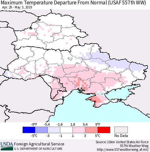 Ukraine, Moldova and Belarus Maximum Temperature Departure From Normal (USAF 557th WW) Thematic Map For 4/29/2019 - 5/5/2019