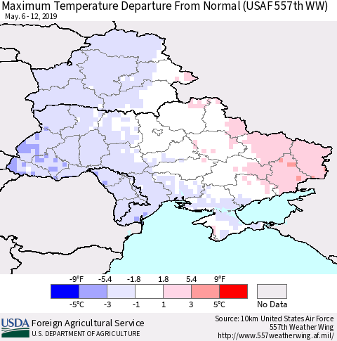 Ukraine, Moldova and Belarus Maximum Temperature Departure From Normal (USAF 557th WW) Thematic Map For 5/6/2019 - 5/12/2019
