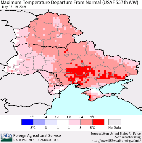 Ukraine, Moldova and Belarus Mean Maximum Temperature Departure from Normal (USAF 557th WW) Thematic Map For 5/13/2019 - 5/19/2019