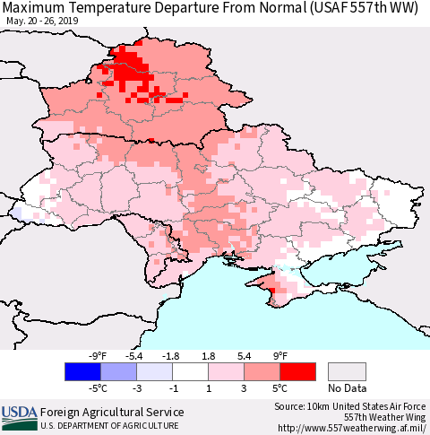 Ukraine, Moldova and Belarus Maximum Temperature Departure From Normal (USAF 557th WW) Thematic Map For 5/20/2019 - 5/26/2019