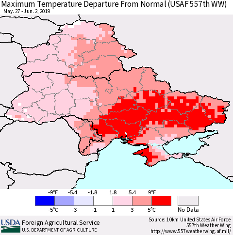 Ukraine, Moldova and Belarus Maximum Temperature Departure From Normal (USAF 557th WW) Thematic Map For 5/27/2019 - 6/2/2019