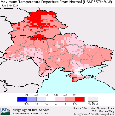Ukraine, Moldova and Belarus Maximum Temperature Departure From Normal (USAF 557th WW) Thematic Map For 6/3/2019 - 6/9/2019