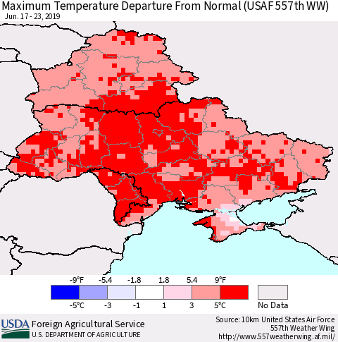 Ukraine, Moldova and Belarus Maximum Temperature Departure From Normal (USAF 557th WW) Thematic Map For 6/17/2019 - 6/23/2019
