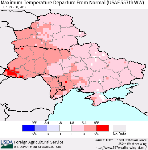 Ukraine, Moldova and Belarus Mean Maximum Temperature Departure from Normal (USAF 557th WW) Thematic Map For 6/24/2019 - 6/30/2019