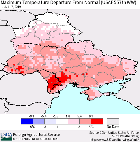 Ukraine, Moldova and Belarus Maximum Temperature Departure From Normal (USAF 557th WW) Thematic Map For 7/1/2019 - 7/7/2019