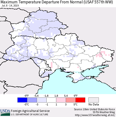 Ukraine, Moldova and Belarus Maximum Temperature Departure From Normal (USAF 557th WW) Thematic Map For 7/8/2019 - 7/14/2019