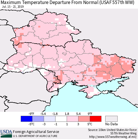 Ukraine, Moldova and Belarus Maximum Temperature Departure From Normal (USAF 557th WW) Thematic Map For 7/15/2019 - 7/21/2019
