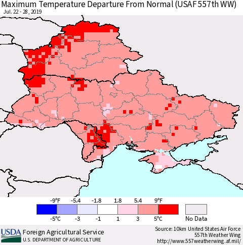 Ukraine, Moldova and Belarus Maximum Temperature Departure From Normal (USAF 557th WW) Thematic Map For 7/22/2019 - 7/28/2019