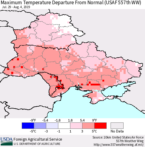 Ukraine, Moldova and Belarus Mean Maximum Temperature Departure from Normal (USAF 557th WW) Thematic Map For 7/29/2019 - 8/4/2019