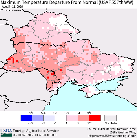 Ukraine, Moldova and Belarus Mean Maximum Temperature Departure from Normal (USAF 557th WW) Thematic Map For 8/5/2019 - 8/11/2019