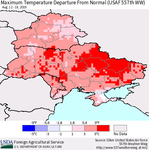 Ukraine, Moldova and Belarus Maximum Temperature Departure From Normal (USAF 557th WW) Thematic Map For 8/12/2019 - 8/18/2019