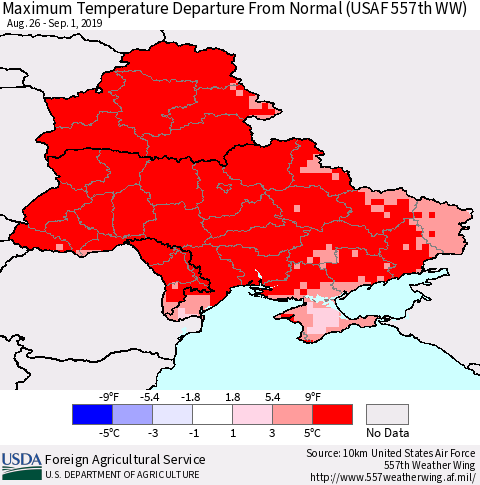 Ukraine, Moldova and Belarus Maximum Temperature Departure From Normal (USAF 557th WW) Thematic Map For 8/26/2019 - 9/1/2019