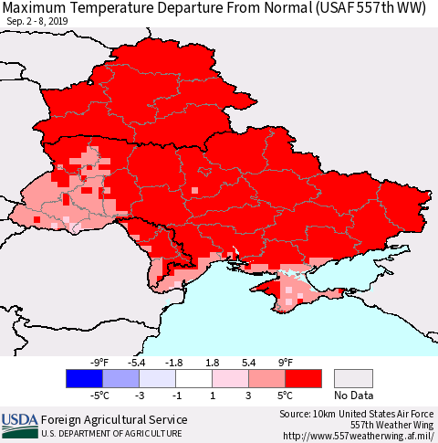 Ukraine, Moldova and Belarus Mean Maximum Temperature Departure from Normal (USAF 557th WW) Thematic Map For 9/2/2019 - 9/8/2019