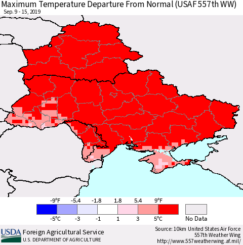 Ukraine, Moldova and Belarus Maximum Temperature Departure From Normal (USAF 557th WW) Thematic Map For 9/9/2019 - 9/15/2019