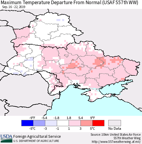 Ukraine, Moldova and Belarus Mean Maximum Temperature Departure from Normal (USAF 557th WW) Thematic Map For 9/16/2019 - 9/22/2019