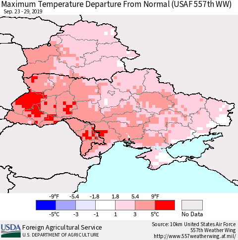 Ukraine, Moldova and Belarus Mean Maximum Temperature Departure from Normal (USAF 557th WW) Thematic Map For 9/23/2019 - 9/29/2019