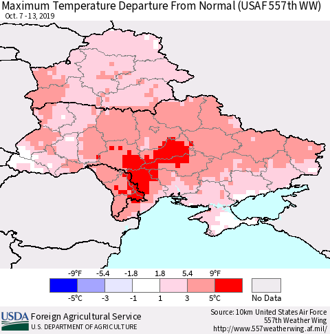 Ukraine, Moldova and Belarus Maximum Temperature Departure From Normal (USAF 557th WW) Thematic Map For 10/7/2019 - 10/13/2019