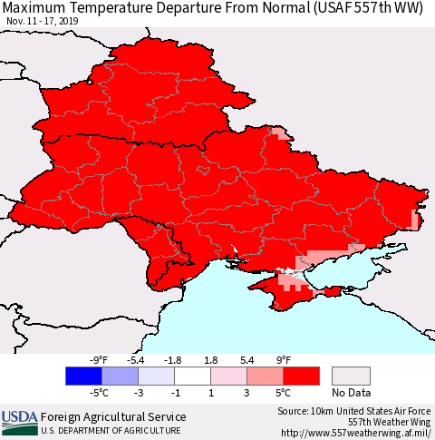 Ukraine, Moldova and Belarus Maximum Temperature Departure From Normal (USAF 557th WW) Thematic Map For 11/11/2019 - 11/17/2019