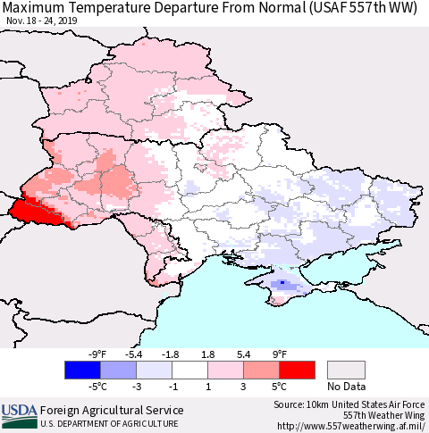Ukraine, Moldova and Belarus Mean Maximum Temperature Departure from Normal (USAF 557th WW) Thematic Map For 11/18/2019 - 11/24/2019