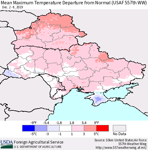 Ukraine, Moldova and Belarus Maximum Temperature Departure From Normal (USAF 557th WW) Thematic Map For 12/2/2019 - 12/8/2019
