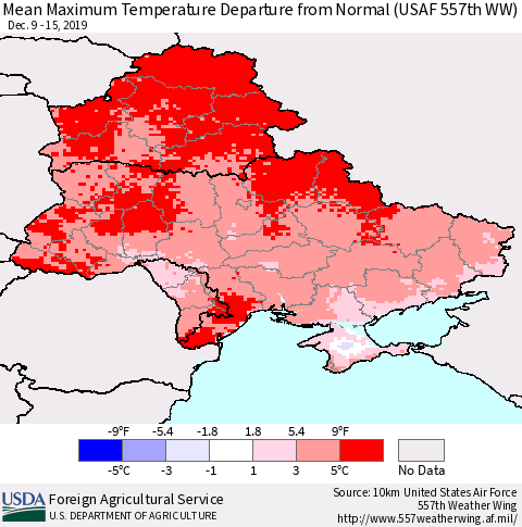 Ukraine, Moldova and Belarus Mean Maximum Temperature Departure from Normal (USAF 557th WW) Thematic Map For 12/9/2019 - 12/15/2019