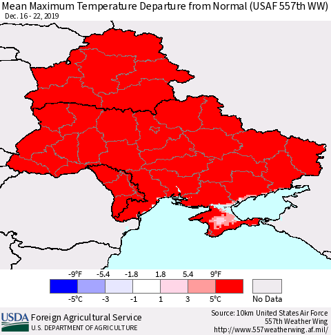 Ukraine, Moldova and Belarus Maximum Temperature Departure From Normal (USAF 557th WW) Thematic Map For 12/16/2019 - 12/22/2019
