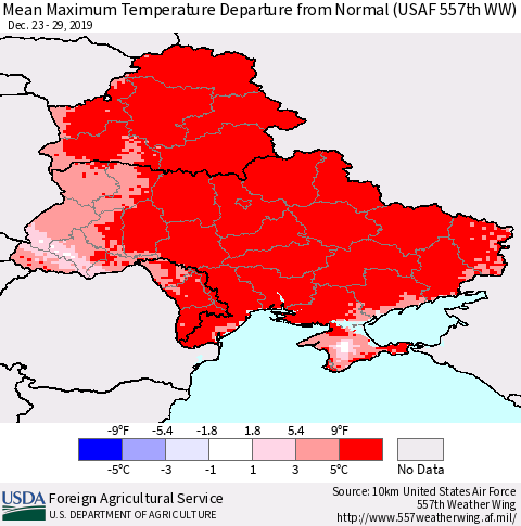 Ukraine, Moldova and Belarus Maximum Temperature Departure From Normal (USAF 557th WW) Thematic Map For 12/23/2019 - 12/29/2019