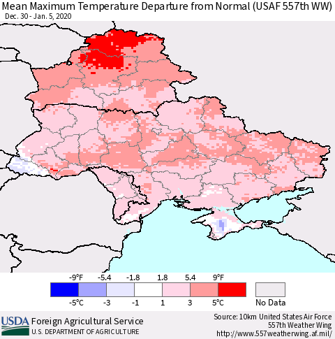 Ukraine, Moldova and Belarus Mean Maximum Temperature Departure from Normal (USAF 557th WW) Thematic Map For 12/30/2019 - 1/5/2020