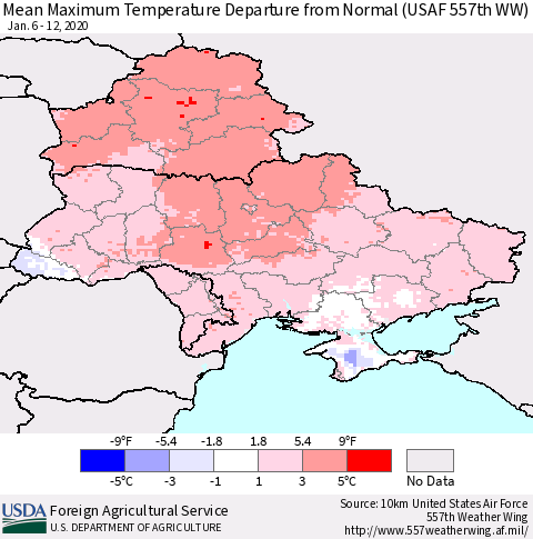 Ukraine, Moldova and Belarus Mean Maximum Temperature Departure from Normal (USAF 557th WW) Thematic Map For 1/6/2020 - 1/12/2020